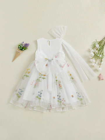 MQTIME  -  Girls Sleeveless Floral Print A-line Dress Crew Neck Tulle Princess Dress for Summer Birthday Party Outfit